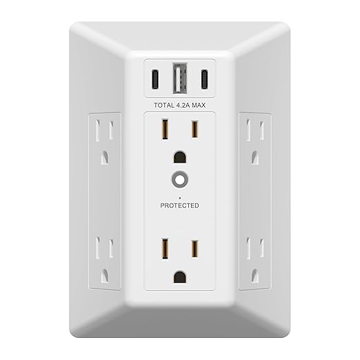 LIDER 6 Outlet Surge Protector Extender with 20W 4.2A 3 USB Type A/C Chargers, 1500 Joules, Multi Plug Wall Charger for Home Office, UL-Listed, White