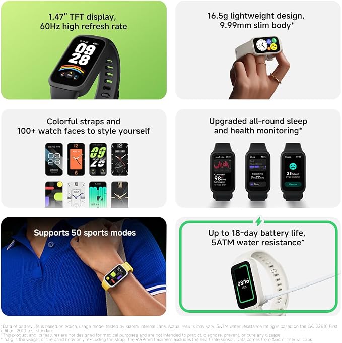 XIAOMI Smart Band 9 Active Global Version 1.47'' Display 18-Day Battery Life Modes All-Day Health and Fitness Monitoring 5ATM (Black)