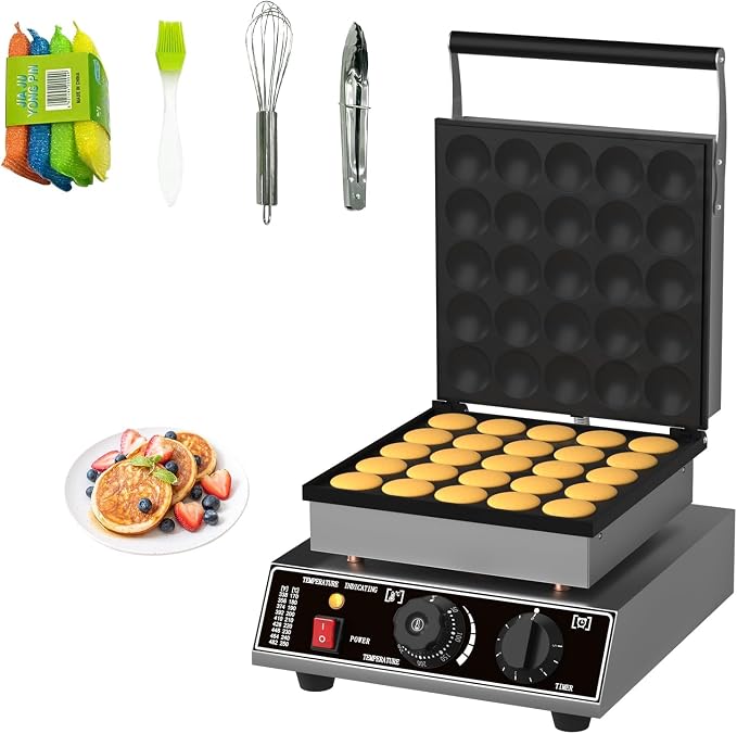 Commercial 25-Piece Mini Dutch Pancake Maker, 1750W Electric Non-Stick Griddle, Adjustable Temp & Timer, Even Heating, Stainless Steel, with Lid, Ideal for Poffertjes, Dorayaki, Restaurant & Home Use