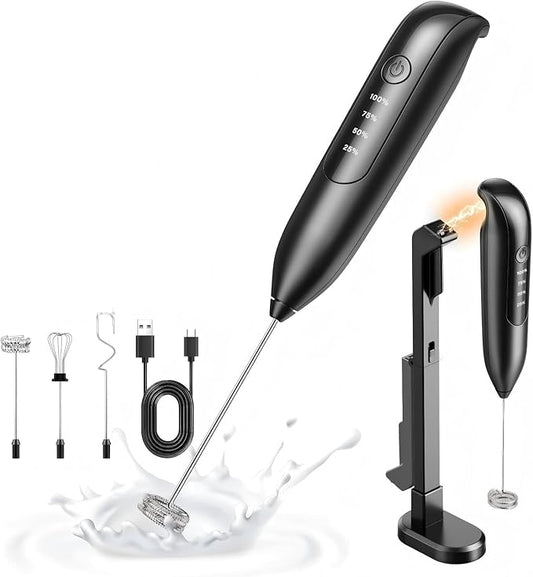 Dynooper Electric Milk Frother Handheld: coffee frother rechargeable 3 in 1 - LED Display, Wireless Charging - 3 Speeds, Stainless Steel Whisk for Latte, Cappuccino - Bright Grey