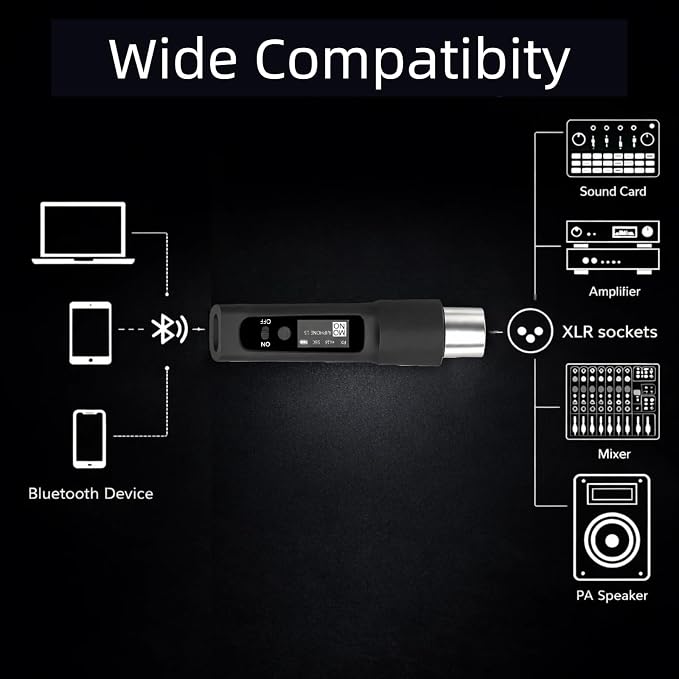 Wireless XLR Bluetooth Receiver, High-Fidelity Audio Adapter for PA Speakers, Mixers & Live Sound, OLED Display, 14H Battery