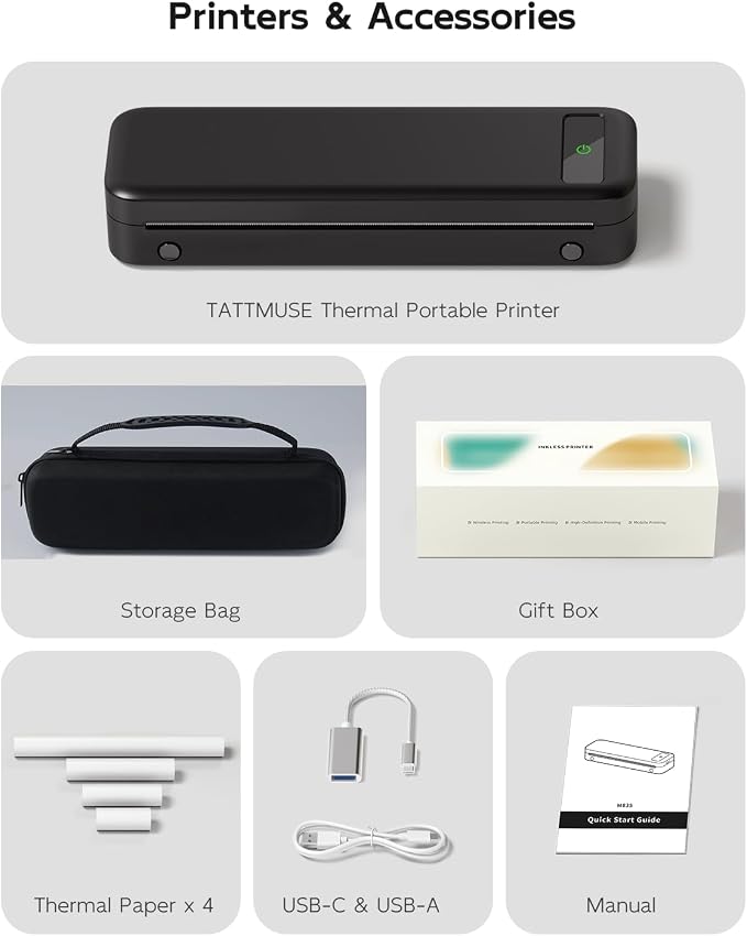 Portable Printers Wireless for Travel, A285M Bluetooth Inkless Thermal Printer Support 8.5" X 11" US Letter, Mobile Printer for Phone Laptop, with Case & 4 Rolls Thermal Paper, for Home Office Receipt