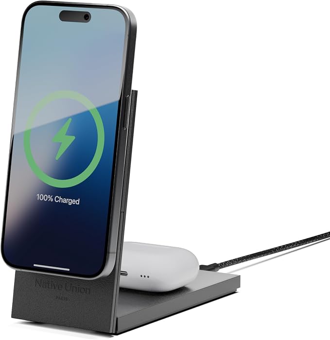Native Union Rise 2-in-1 Magnetic Wireless Charger – Qi2 Certified & MagSafe Compatible – 15W Fast-Charging Foldable Charging Stand for iPhone Air, 17 with Wireless Pad for AirPods Pro 3 (Black)