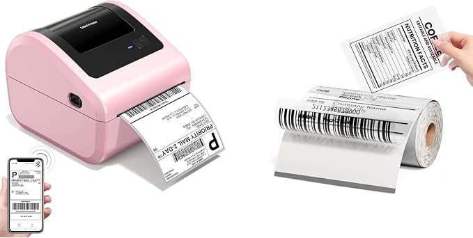 D450 Bluetooth Thermal Label Printer for Small Business, Shipping Packages&100Pcs Transparent Thermal Labels,Waterproof Thermal Stickers for Small Business DIY Coffee Bean&Bread Ingredients Label