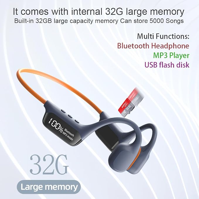 AYI True Bone Conduction Swimming Headphones with Bluetooth 5.4 & MP3 Player Mode 32GB Built-in Memory IPX8 Waterproof Screen Display Pain-Free Open-Ear Earphone for Sport and Work-Light Gray