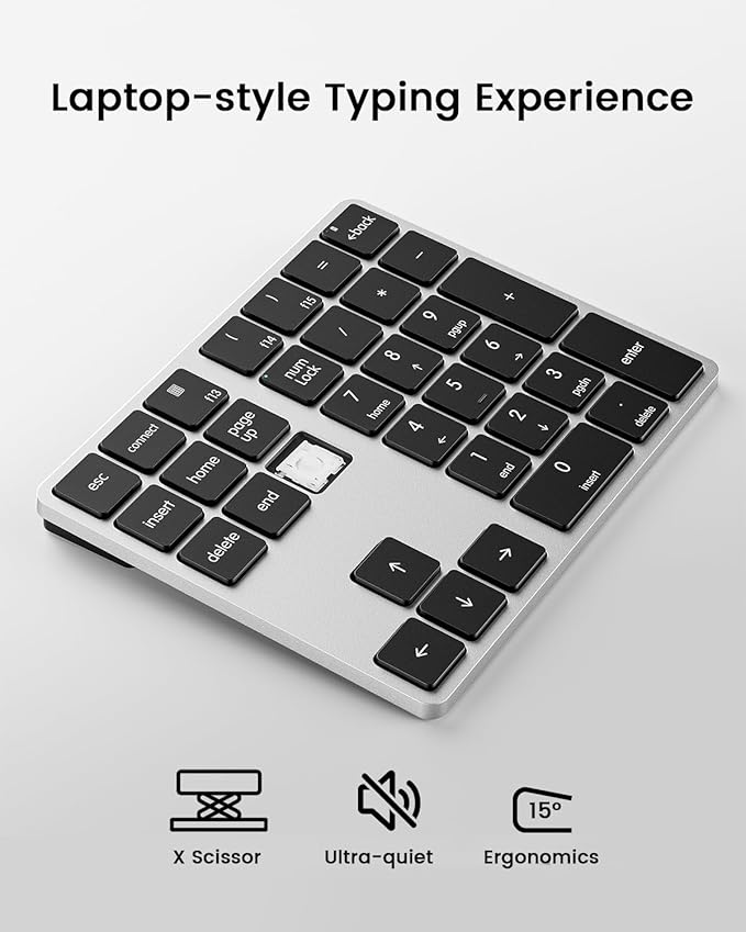 Kisnt KN300BT Bluetooth Number Pad for Laptop, 34- Key Wireless Rechargeable Numeric Keypad Portable External Numpad for MacBook, Tablets, Mac, iOS, Android, Windows PC