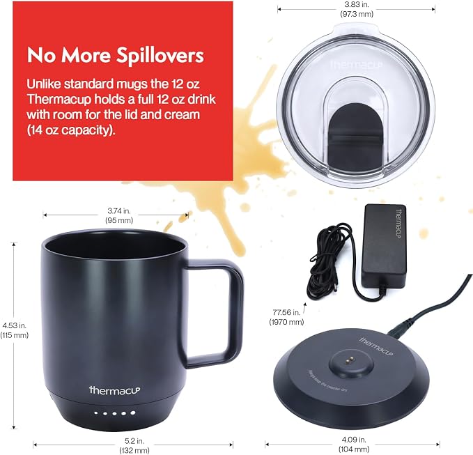 THERMACUP Premium Self Heating Coffee Mug, Temperature Controlled Heated Cup, Long Battery Life, Portable Electric Mug Warmer, Stainless Steel, Gift for Coffee Lovers, Home & Office (Black)