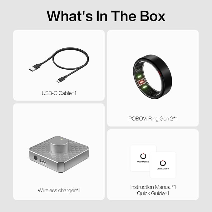 POBOVi Gen 2 Titanium Smart Ring for Women & Men, Sleep & Heart Rate Tracker, No Subscription, Size Before You Buy (Polished Black, 11)