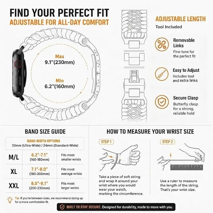 Tefeca Titan Series Paracord Band Compatible with Apple Watch Ultra 2/49mm, Series 10/46mm, 9/8/7/45mm, SE2/SE/6/5/4/44mm, and 3/2/1/42mm