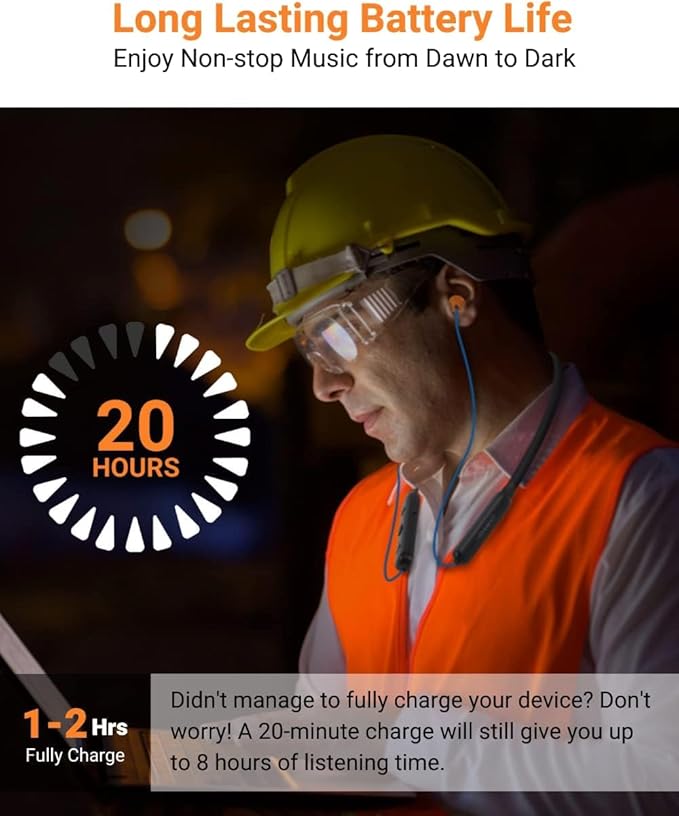 Noise Reduction Wireless Neckband Headphones with Qualcomm aptX HD, 27dB NRR, CVC Noise Cancelling Mic & Controls, 20H Playtime for Work Safety OSHA Compliant
