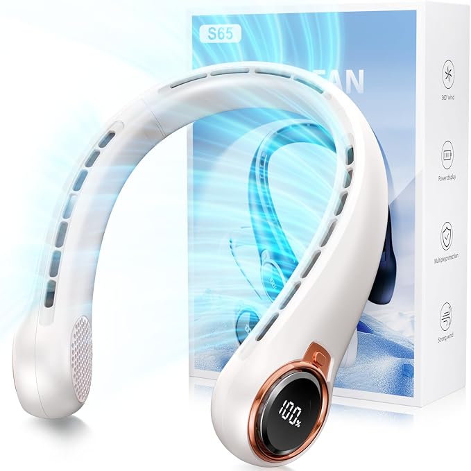 BNBZ Portable Neck Fan, 6000mAh Rechargeable Fan Blows Cold Air with LED Display, 4 Speeds, 20H Runtime, Quiet Wearable 360° Personal Cooling Fan for Outdoor Travel Work Gym,Fireplace Fans-White