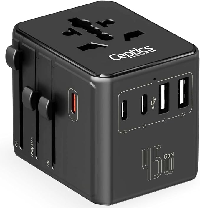 Ceptics 8 in 1 Universal Travel Adapter for EU, UK, US, AU and More, World Travel Adapter, 2X US Socket, Universal Socket, 3X USB-C and 2X USB-A, 45W Fast Charge – UP-45KU-BL