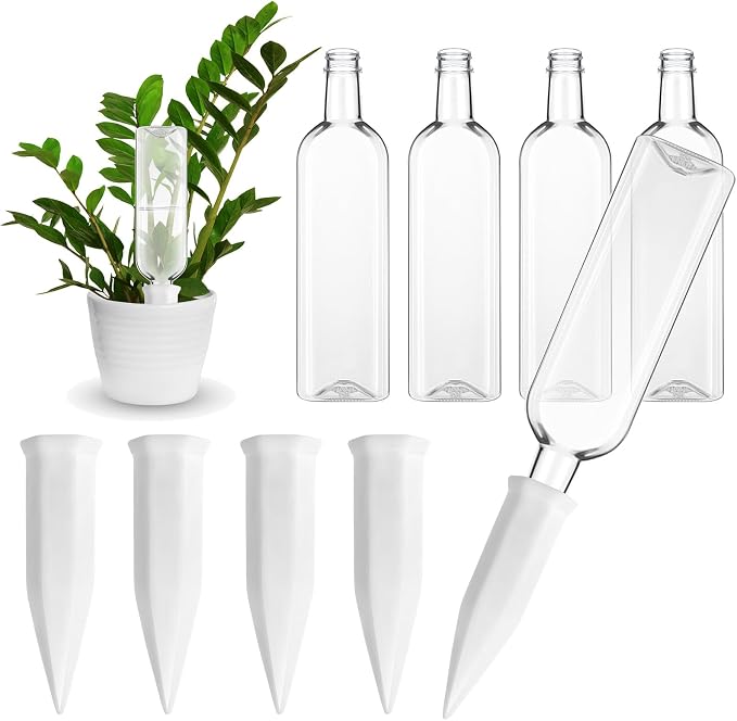 Ziliny 4 Sets White Terracotta Watering Spikes with 25 oz Plastic Bottles Vacation Plant Waterer Self Watering Planter Devices Slow Release Planter for Indoor Outdoor