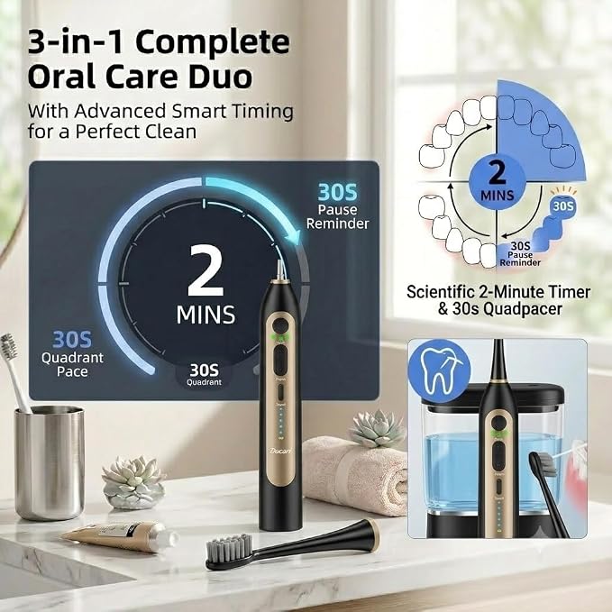 Electric Toothbrush with Water Flosser, Upgraded Flossing Toothbrush Combo for Adults, 5 Speeds & 3 Modes, 30 Days/Charge for Teeth Cleaning and Plaque Removal, Sensitive Teeth & Dental Implants-500ML