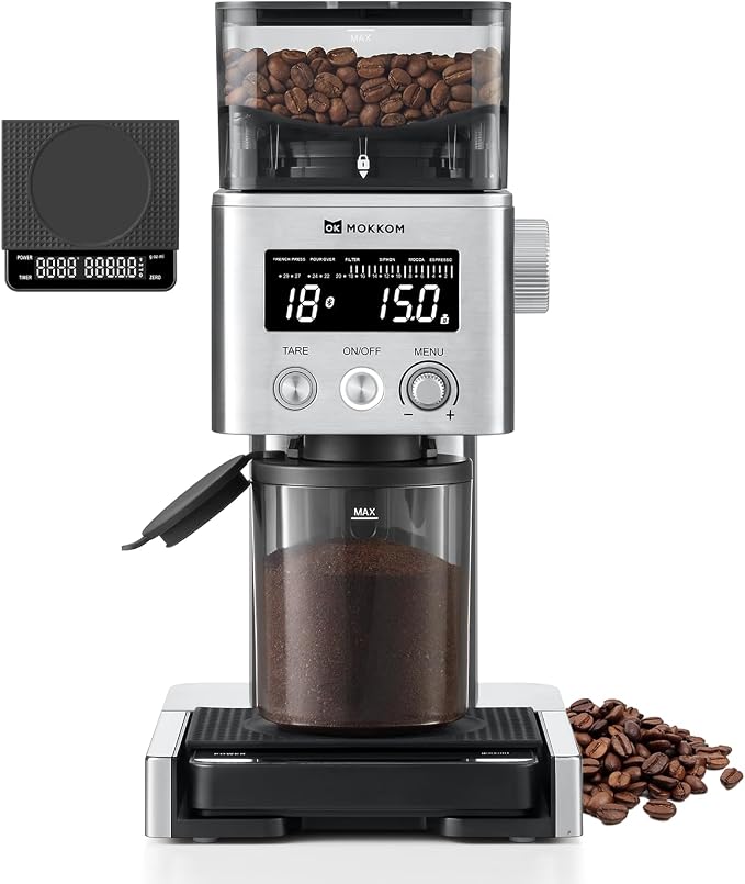 MOKKOM Electric Conical Burr Coffee Grinder with Removable Coffee Scale, Anti-static Coffee Bean Grinder, 31 Grind Settings and Precision Timer for Espresso Pour Over, French Press Stainless Steel