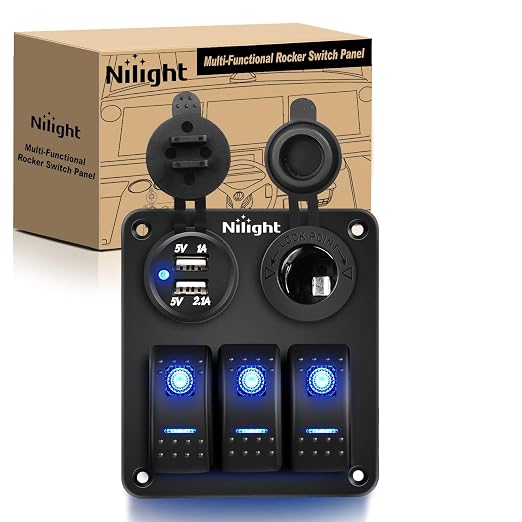 Nilight - 90115C 3 Gang Rocker Switch Panel Waterproof Pre-Wired Aluminum Switch Panel with Dual USB Charger Socket & Cigarette Lighter Socket 12V 24VDC ON Off Switch Panel for Cars Rvs Trucks
