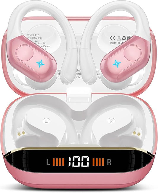 Qecnato Wireless Earbuds Bluetooth 5.4 Headphones Sports, 75H Stereo Deep Bass Over Ear Buds with Earhooks, Bluetooth Earbuds with 4 ENC Mic, LED Display, IP7 Waterproof Earphone for Running, Pink