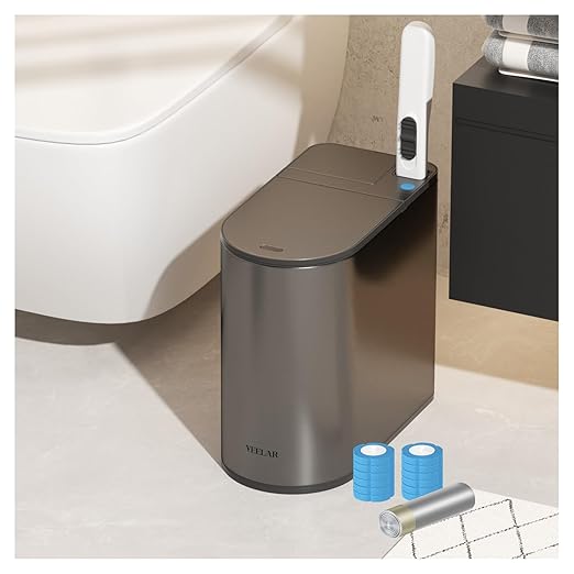 Bathroom Trash Can with Lid - Motion Sensor Smart Garbage Bin with Toilet Brush, 2 Gallon / 7L Small Automatic Trash Can, Odor-Control for Bathroom (Grey with Toilet Brush)