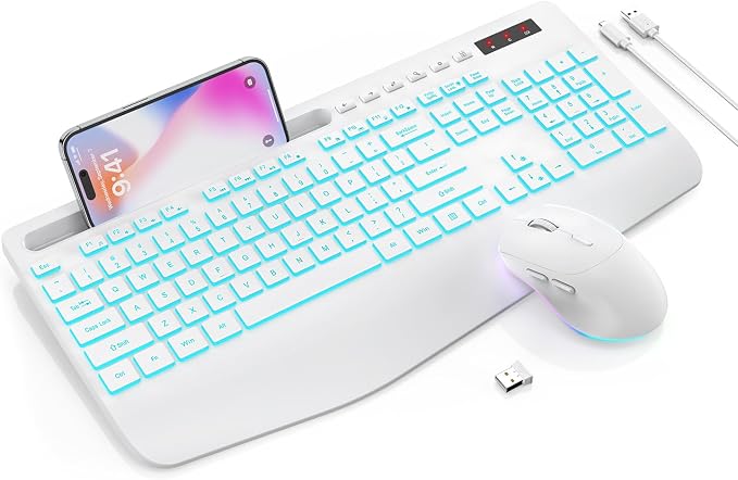 Trueque Wireless Keyboard and Mouse Combo, 4000mAh Rechargeable Backlit Keyboard with Wrist Rest & Phone Holder, Full Size Quiet Typing 2.4G USB-A/Type-C for PC Laptop Windows Mac (Cloud White)