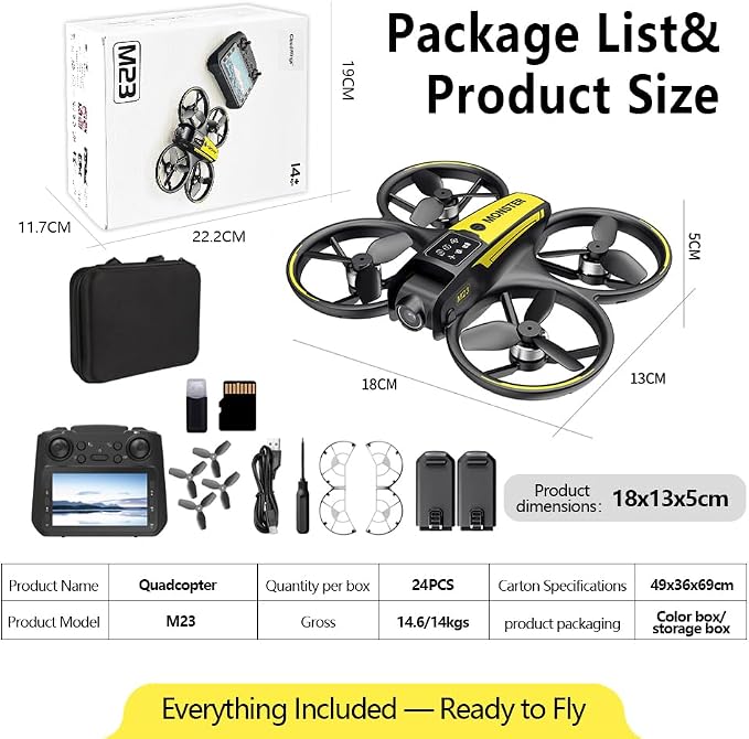 CloudWings Drone with camera for kids and Remote – Beginner RC Drone for Kids with Brushless Motor, Optical Flow Hover, One-Key Takeoff, FPV Video (black and yellow, 2 Batteries)