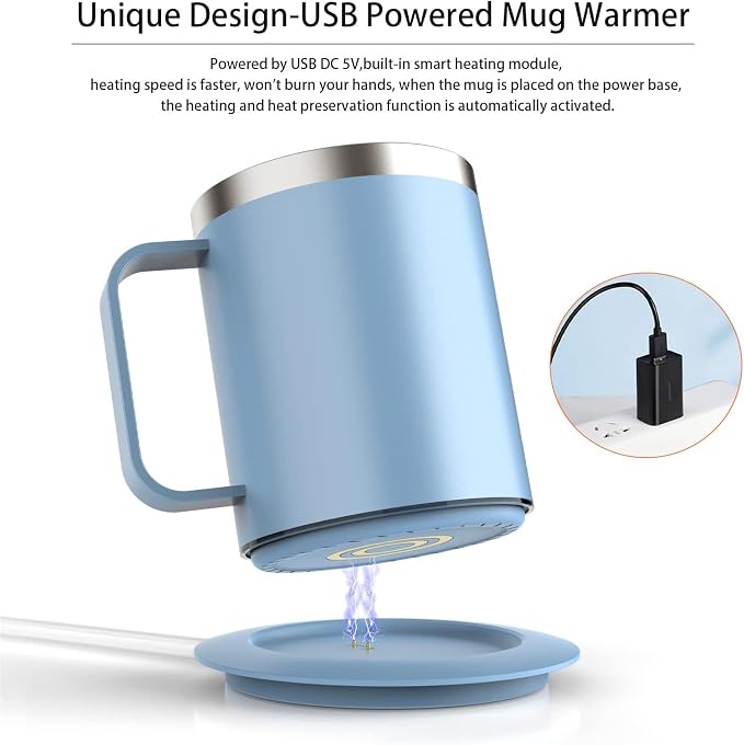 Smart Temperature Control Coffee Mug for Desk,Heated Cup with 10H Auto Shut-Off, USB Powered Mug Warmer Set (12oz-Sky Blue)