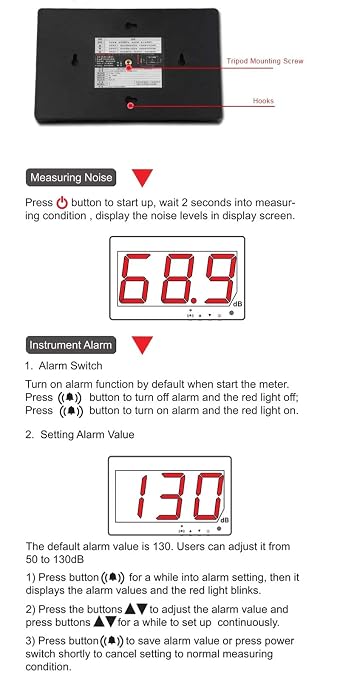 SNDWAY SW-525B 30-130dB Digital Sound Level Meter with Large 9.6in Screen LCD Display Noise Meter Decibel Wall Mounted Hanging with Alarm (Sound Level Meter with Data Logger)
