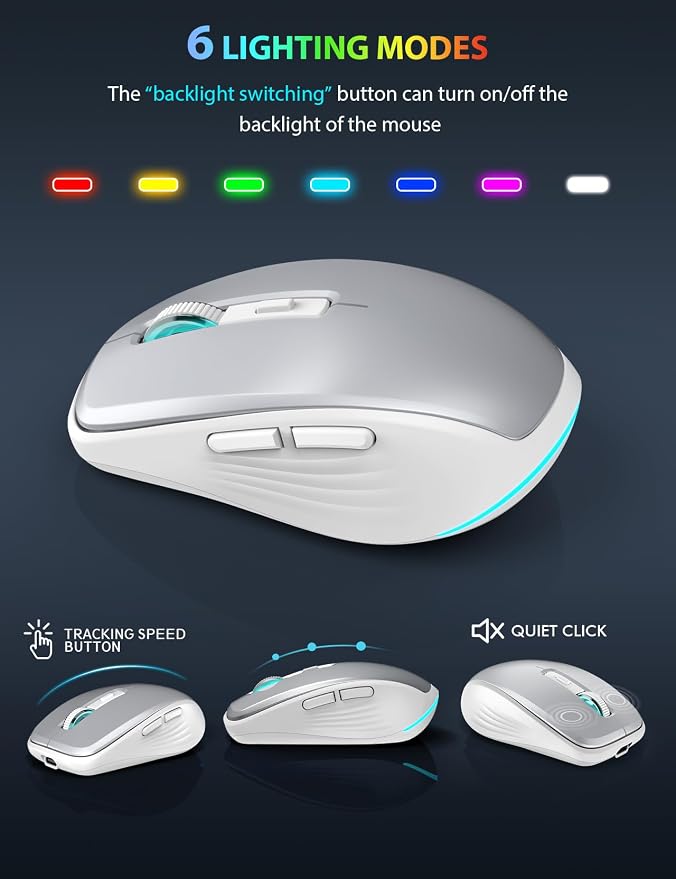 SABLUTE Wireless Keyboard and Mouse Combo Backlit - Compact Quiet Keyboard with RGB Mouse, Rechargeable, Slim, Sleep Mode, Portable Cordless Set for Mac, Windows, Laptop, PC (Silver White)