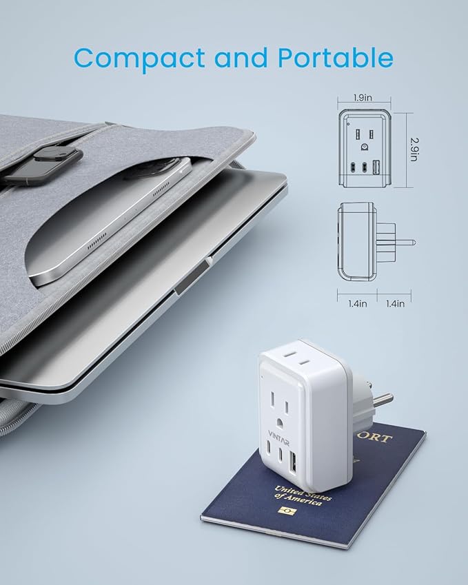 3 Pack Type E F Plug Adapter, VINTAR Schuko Germany France Power Adapter with 2 American Outlets 3 USB Ports(2 USB C), 5 in 1 Type E Travel Adapter for US to EU Spain Iceland Korea German French