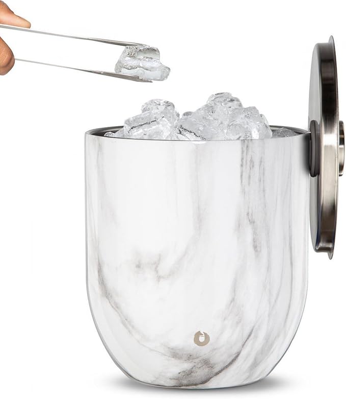Snowfox Plus, Premium Vacuum Insulated Stainless Steel Ice Bucket with Lid/Scoop,Home Bar Accessories,Elegant Bartending Ice Buckets for Parties,Beautiful Outdoor Entertaining Supplies,3L, Marble