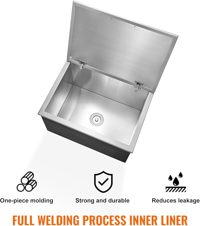 VEVOR Drop in Ice Chest, 28" L x 20" W x 17" H Stainless Steel Ice Cooler, Commercial Ice Bin with Hinged Cover, 114 qt Outdoor Kitchen Ice Bar, Drain-Pipe and Drain Plug Included, for Cold Wine Beer