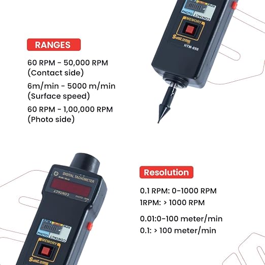 HTM-890 Digital Tachometer: 2-in-1 Contact Cum Non-Contact RPM Meter | Measure Speed of Motors, Engines, Drills & All Industrial Use | Memory Recall, Low Battery Indicator & More | 2025 Top Model