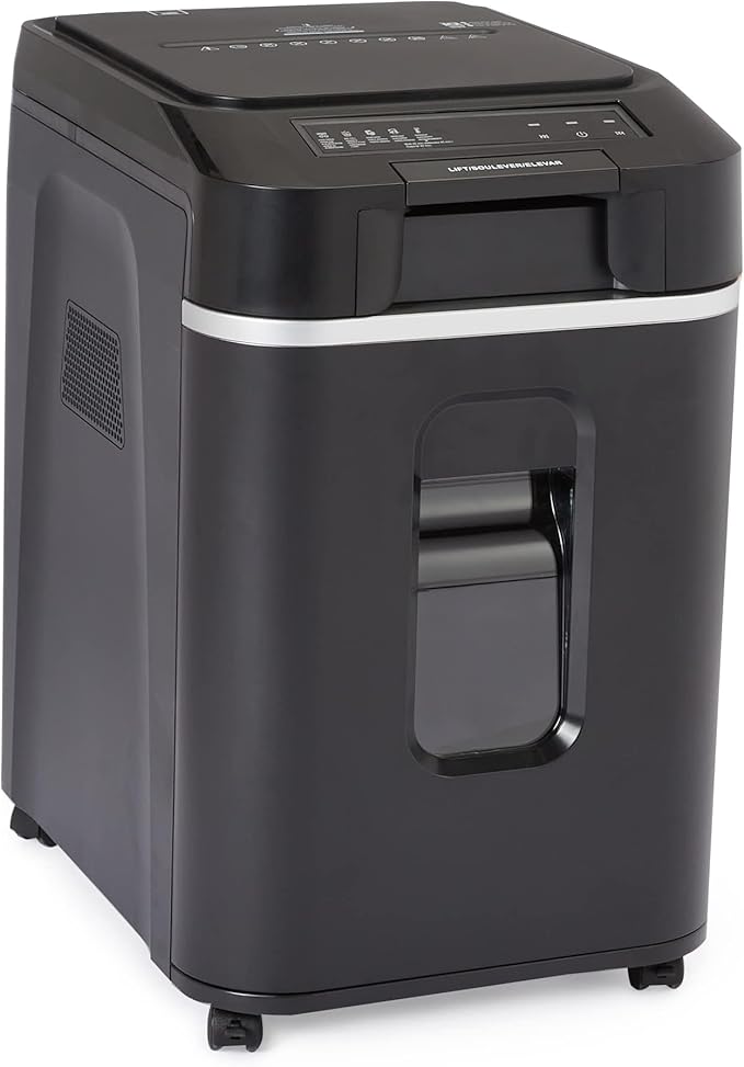 Amazon Basics 200-Sheet Auto Feed Cross-Cut Paper Shredder, High Security P-4, Anti-Jam, 8.5 Gallon Pullout Bin, Black
