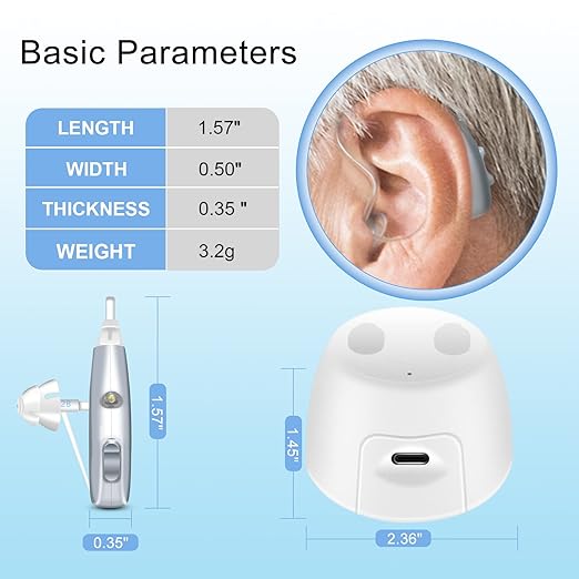 Rechargeable Hearing Aids for Adults and Seniors 8 Channel Digital Small BTE Design with Noise Cancellation, Include Magnetic Contact Charging Dock (Pair, Grey)