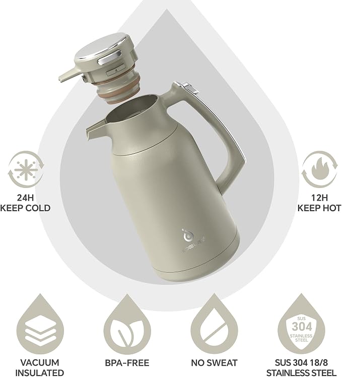 IDEUS Thermal Coffee Carafe, Stainless Steel Double Wall Insulated Vacuum Flask, Water Jug Coffee Server and Beverage Dispenser, Heat and Cold Retention (Celadon, 68, Fluid Ounces)