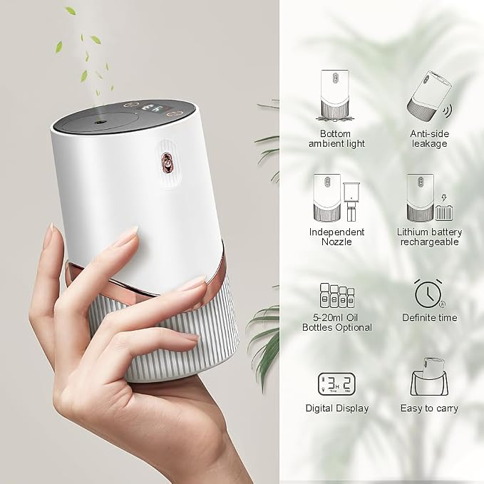 Waterless Essential Oil Diffuser - Aroma Diffuser with Indicator, Portable Smart Scent Air Machine 1/2/3 & Continuous Mist, Anti-TIPP, Timer Setting and Auto-Off Function (White