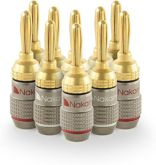 Nakamichi FanLock Excel Series 24k Gold Plated Banana Plugs 10 AWG - 18 AWG Gauge Size 4mm for Speakers Amplifier Hi-Fi Stereo Home Theatre Radio Audio Wire Cable Quick Connector, 10 Pcs (5-Pairs)