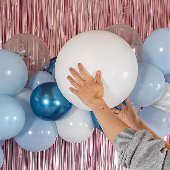 Restaurantware-Balloonify Balloon Garland Set, 1 Party Decoration Kit - 102 Balloons, With Chain, Metallic Blue, White, & Silver Latex Balloon Arch Kit, Includes Glue Dots