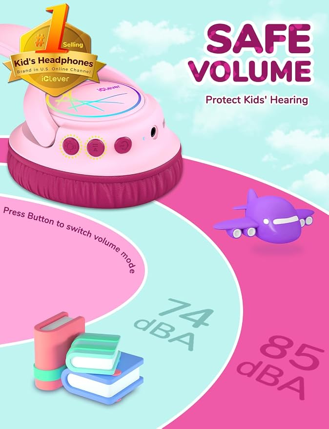 iClever Kids Bluetooth Headphones with LED Lights, BTH18 Safe Volume 74/85dBA, 43H Playtime, Bluetooth5.3 Kids Headphones Wireless Aux Cord for iPad/Tablet/Travel/School, Blossom Pink
