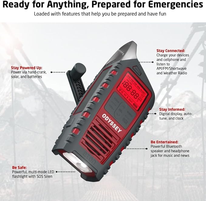 Eton Odyssey Hand Crank NOAA Weather Radio, All Band Emergency Radio, AM/FM Shortwave Storm Radio, Bluetooth, Phone Charger, RDS, Solar, Multi-Function Flashlight, Camping, Hiking