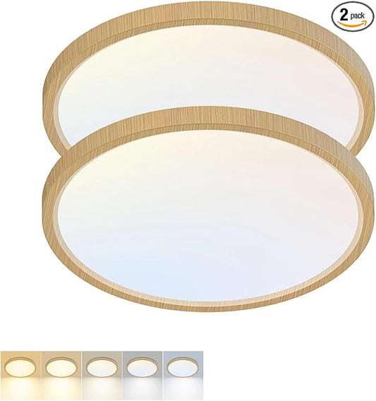 2 Pack LED Flush Mount Ceiling Light,7Inch 15W,3000K/3500K/4000K/5000K/6500K 5 Color Temperatures Ceiling Light Fixture for Kitchen Porch Hallway Bedroom Bathroom and Closet,Wood