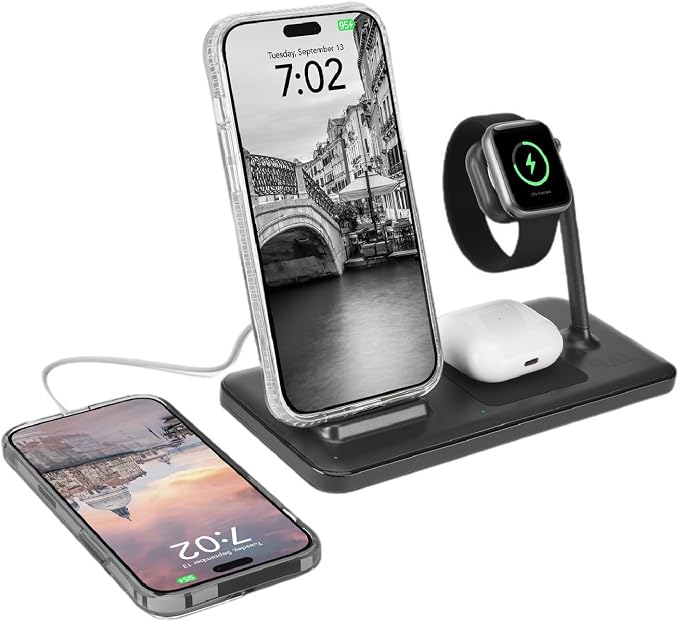 FUEL 4in1 Fast Wireless Charging Station for Multiple Devices -Portable iPhone Charger w/ Adapter -3 Charging Pads 1 USB-C Port for iPhone 17 Pro Max/16/15 Apple Watch 11/10(Charger Included) AirPods