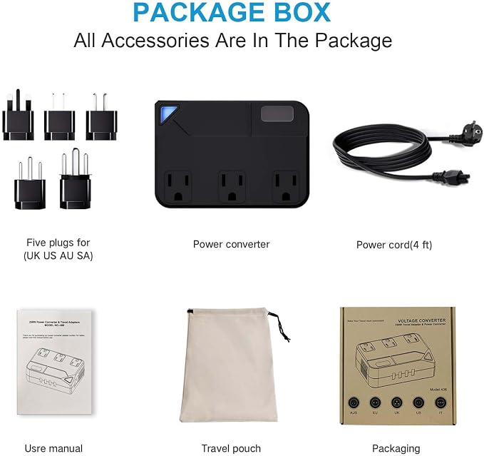 100V–220V Travel Converter, 2000W Voltage Converter with 2 USB and 2 USB-C Charging Ports and 3 AC Plugs for Curling Irons and Hair straighteners; Included Plugs are Types A, C, D, G, I, and L