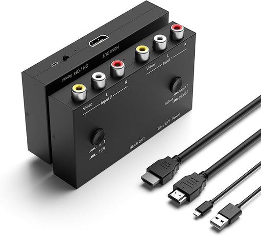 2 AV to HDMI Converter, 1080P/720P 2 Port RCA Composite CVBS AV Switch to HDMI Converter Adapter Support 4:3/16:9 Switching, for TV PC PS2 PS3 N64 NGC SNES WII VHS VCR Camera DVD-Black
