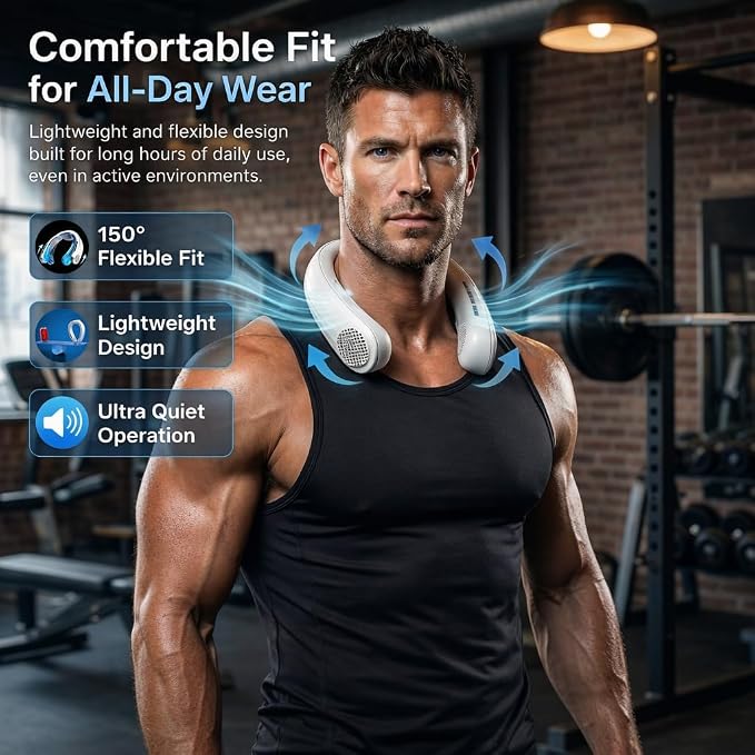 Neck Fan for Men with Cooling Plate, Hands-Free Portable Neck Air Conditioner, Strong Airflow Personal Fan for Outdoor Work, Fishing, Golf, Yard Work, Warehouse