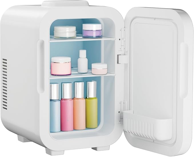 ELLE 8L Mini Cooler Fridge with LED Makeup Mirror for Skincare & Cosmetic Storage Cooler & Warmer Removable Shelf Carrying Handle AC DC Power Options Small Refrigerator for Bedroom Car Office White