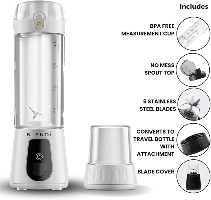 BLENDi Pro+ Portable Blender (17.5oz, White) – Powerful Ice Crushing 120W Motor, USB-C Rechargeable, Cordless Personal Blender Smoothies & Shakes – BPA-Free, Travel-Friendly