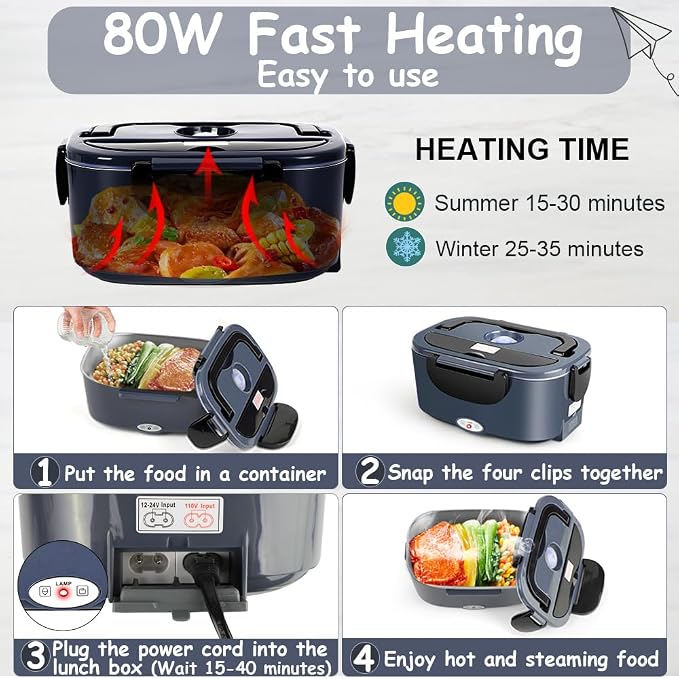 Electric Lunch Box for Adults - 1.5L Single/Double Layer Stainless Steel Food Warmer - 80W Fast PTC Heated Lunchbox, 12V/24V/110V Portable Food Heater for Car&Truck, Office, Camping, Travel