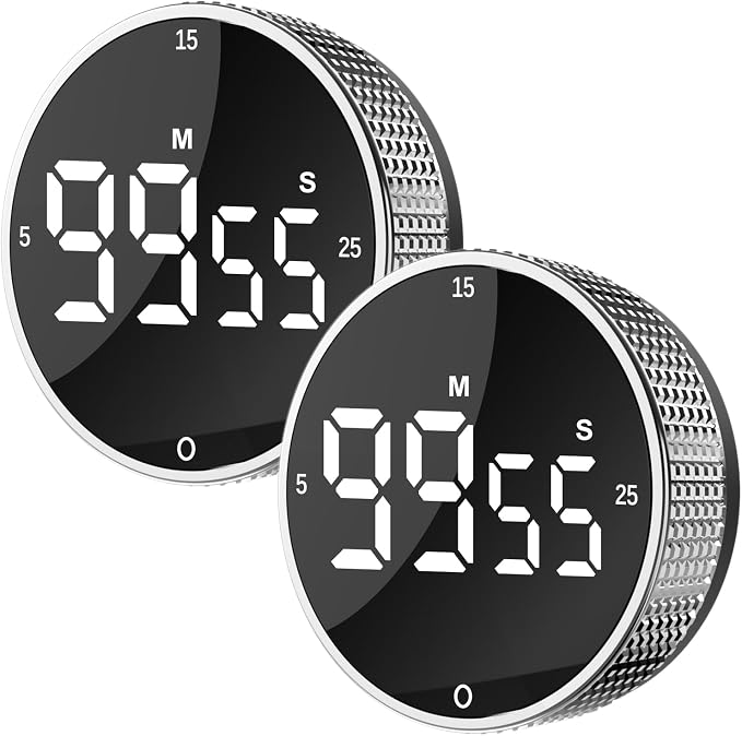 Digital Kitchen Timer - Magnetic Countdown Count Up Clock with Large LED Display, 5/15/25 Min Presets, 3 Volume Levels, Rotary Dial for Cooking, Productivity, Classroom, Fitness (2, Silver)