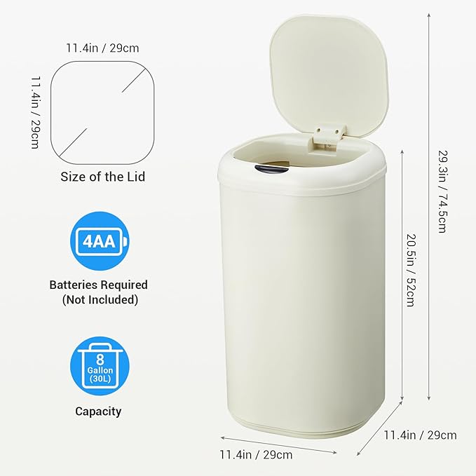 GarveeHome 8 gal Motion Sensor Trash Can with Lid, Automatic Kitchen Garbage Can Touchless, 30 L Smart Stainless Steel Waste Bin for Home Office Kitchen Bathroom, Beige