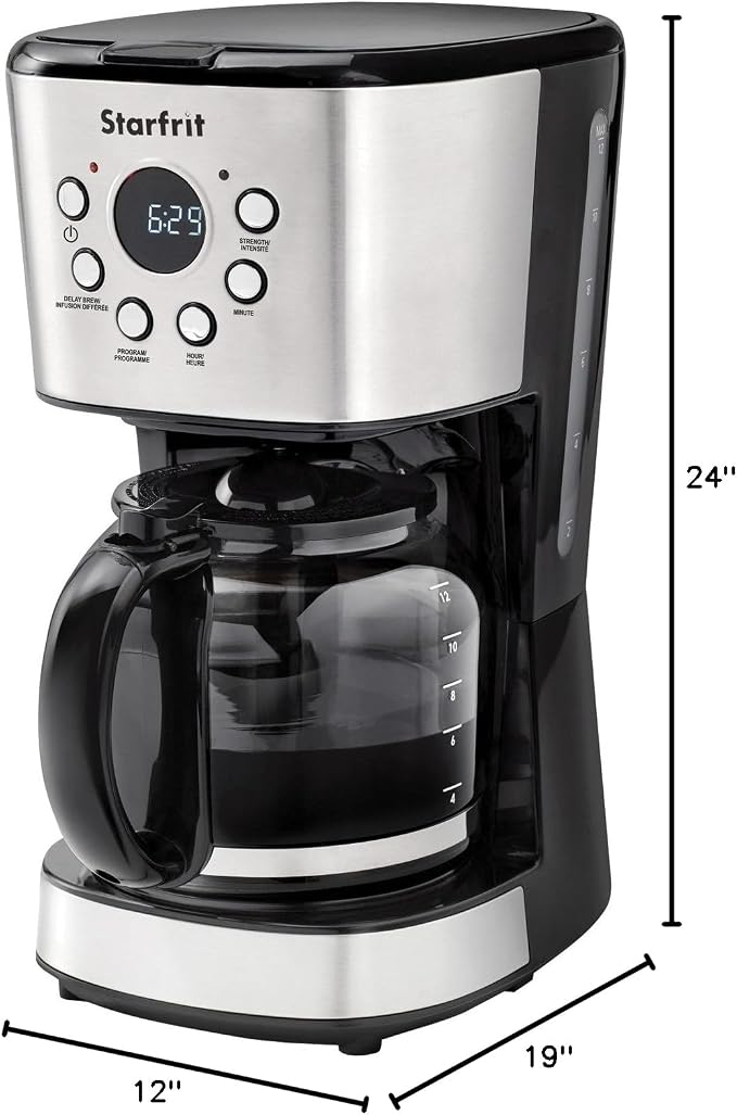 Starfrit Programmable Drip Coffee Maker - 12 Cups - LCF Display - Stainless Steel Design